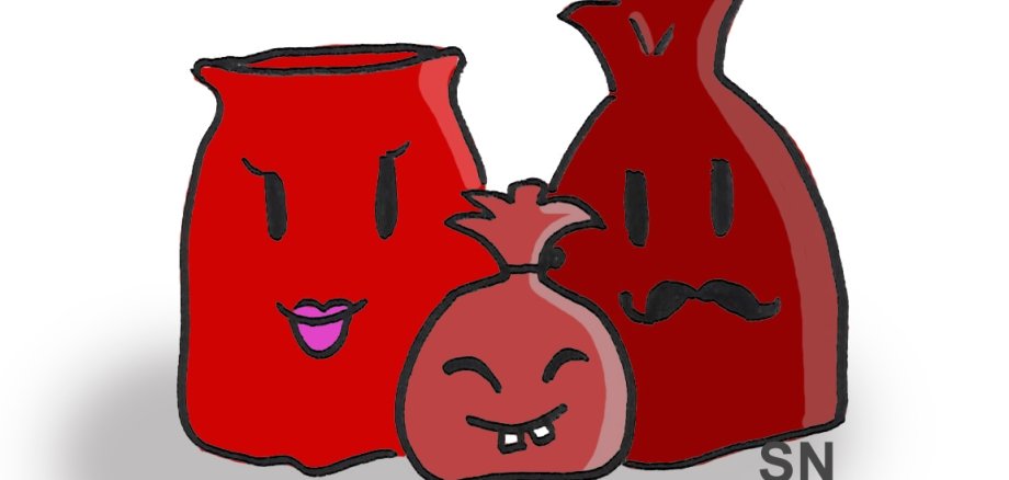 Comic von drei roten Mülltüten unterschiedlicher Größe mit freundlichen Gesichtern
