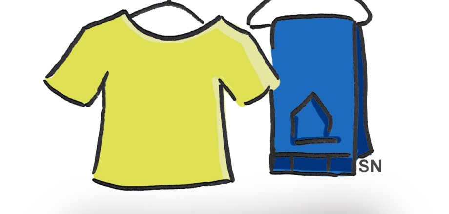 Comic von einer Hose und einem T-Shirt auf Bügeln