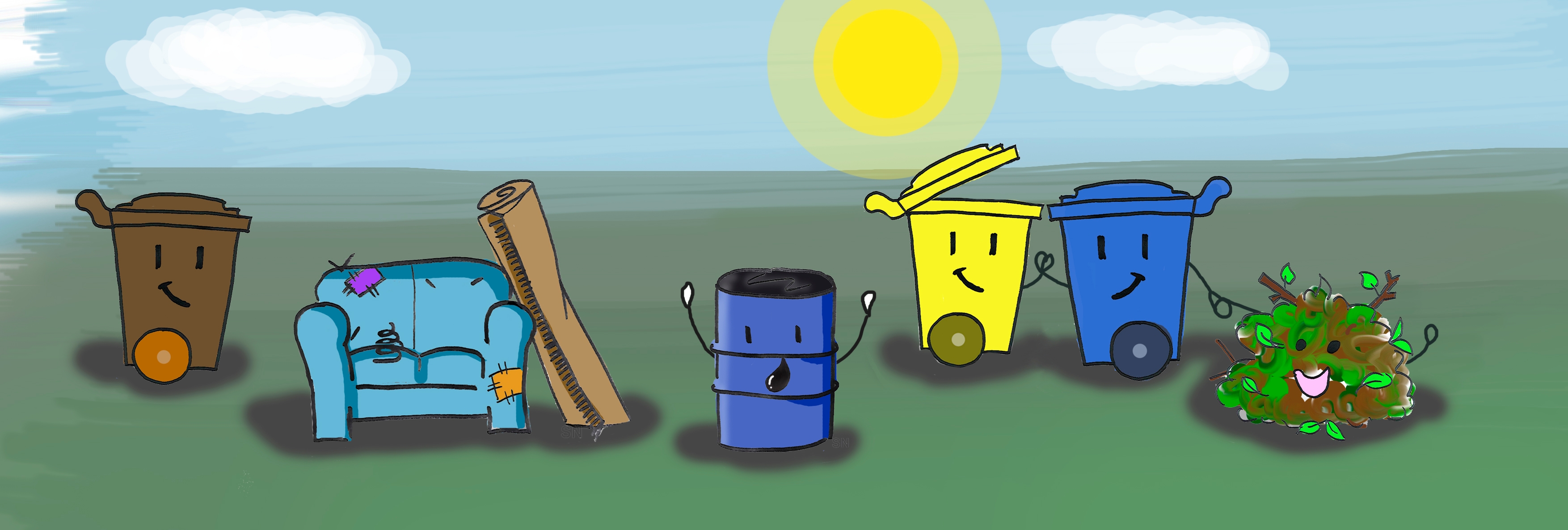 Auflistung von Comicbildern verschiedener Mülltonnenarten, gelbe, blaue und graue Tonne, Sperrmüll und Grünschnitt