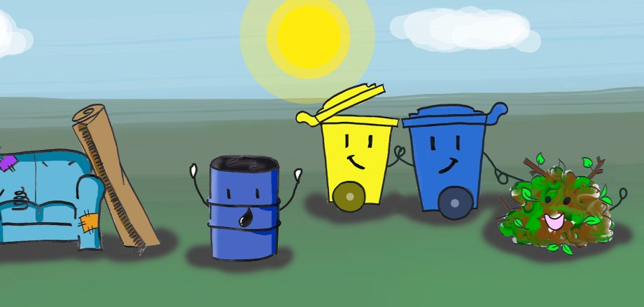 Auflistung von Comicbildern verschiedener Mülltonnenarten, gelbe, blaue und graue Tonne, Sperrmüll und Grünschnitt
