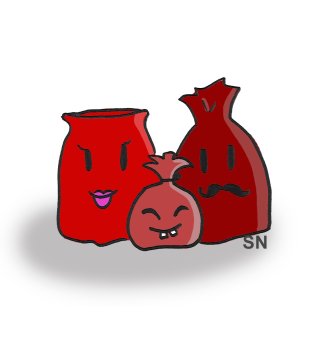 Comic von drei roten Mülltüten unterschiedlicher Größe mit freundlichen Gesichtern