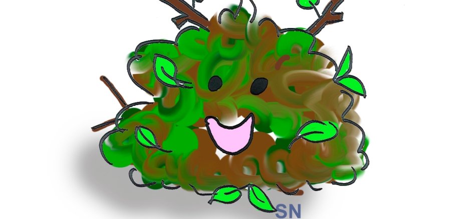 Comic eines Haufen Grünschnitt mit freundlichem Gesicht