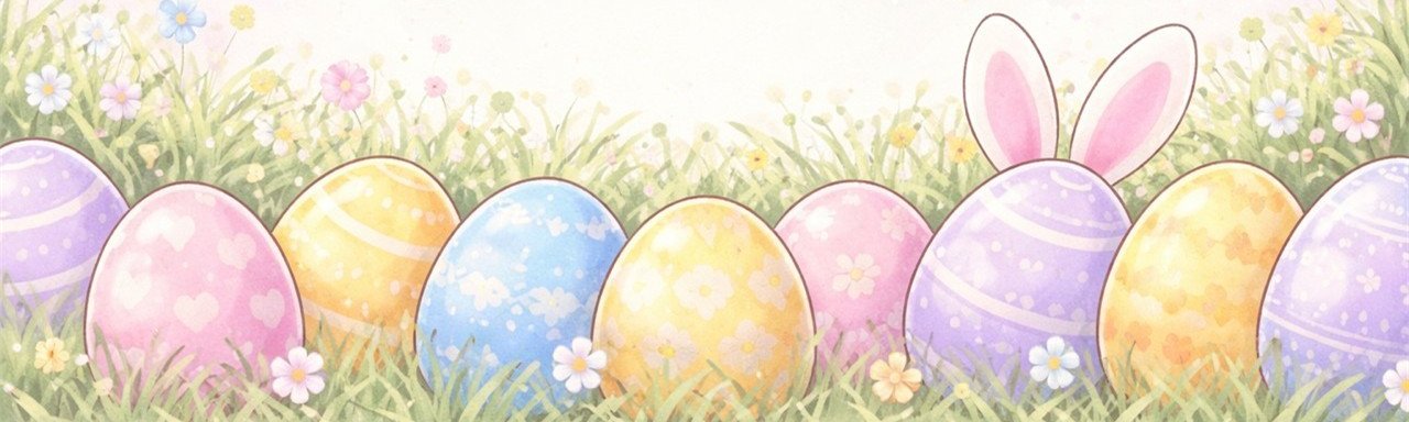 Comic Pastellfarbige Ostereier auf einer Wiese aneinandergereiht am unteren Rand und ein paar Hasenohren schauen hinter einem Ei hervor.