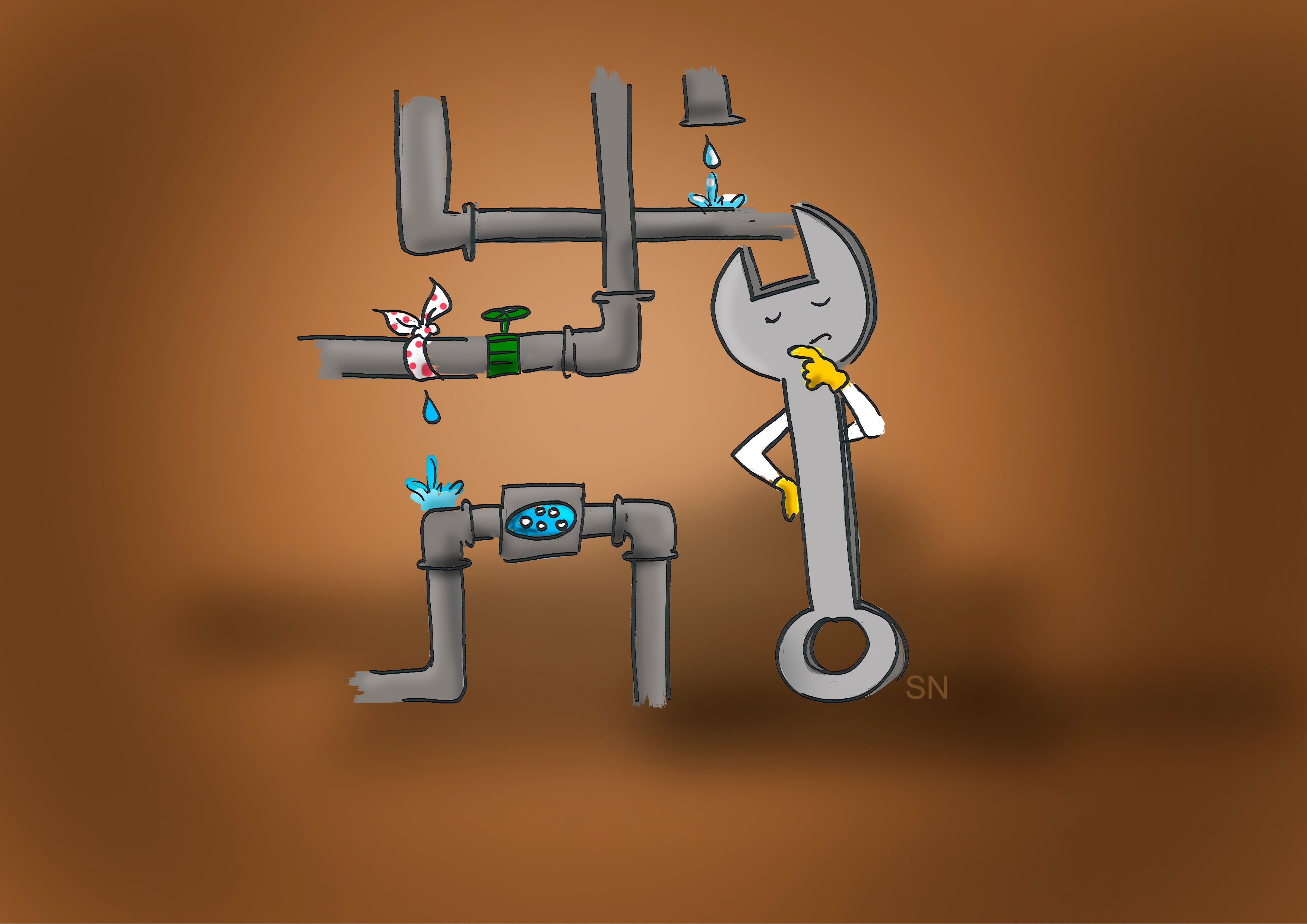 Comic-Schraubenschlüssel vor einem geflickten Wasserrohrbruch