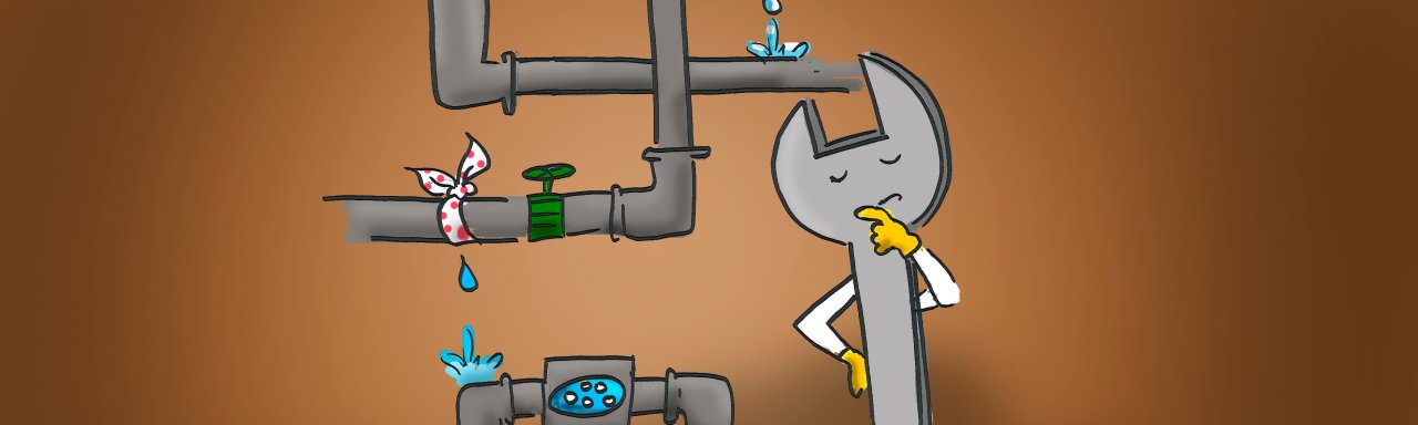 Comic-Schraubenschlüssel vor einem geflickten Wasserrohrbruch