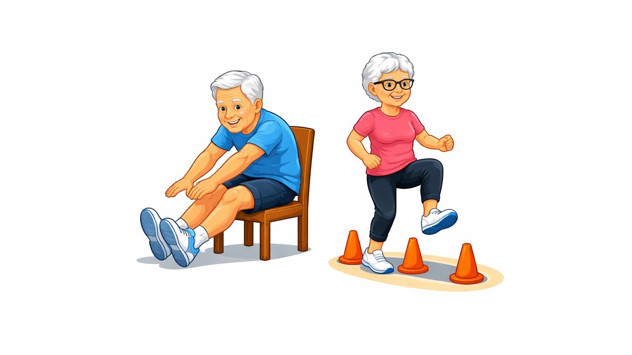 Comic eines älteren Mannes, der auf einem Stuhl sitzt und versucht mit ausgestreckten Beinen mit den Händen an die Füße zu kommen. Eine ältere Frau läuft mit angewinkelten Beinen durch Pilonen.