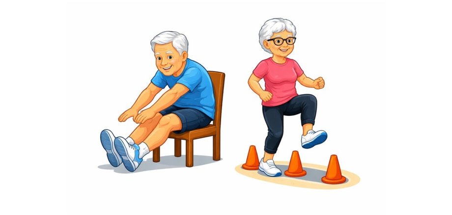 Comic eines älteren Mannes, der auf einem Stuhl sitzt und versucht mit ausgestreckten Beinen mit den Händen an die Füße zu kommen. Eine ältere Frau läuft mit angewinkelten Beinen durch Pilonen.