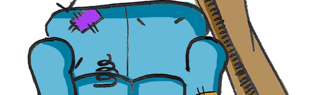 Comic eines blauen alten Sofas und eines zusammen gerollten Teppichs
