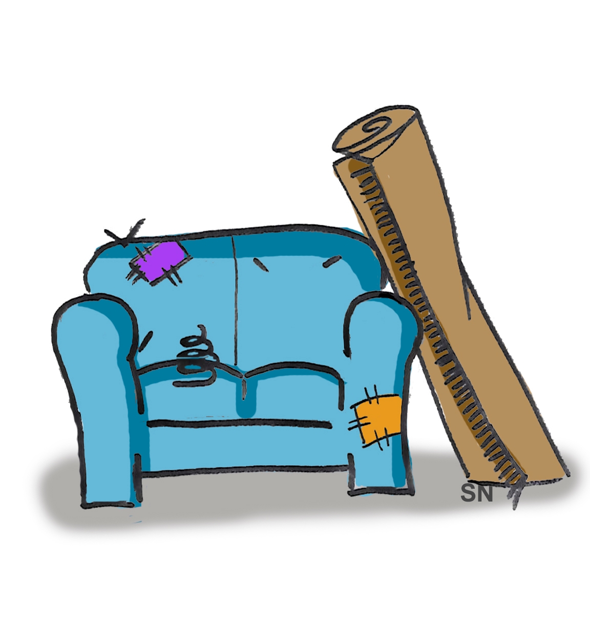 Comic eines blauen alten Sofas und eines zusammen gerollten Teppichs