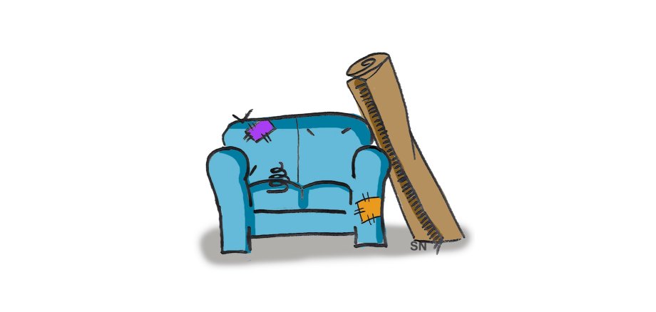 Comic eines blauen alten Sofas und eines zusammen gerollten Teppichs