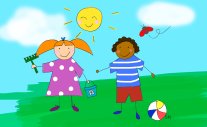 Gemalte spielende Kinder auf einer Wiese