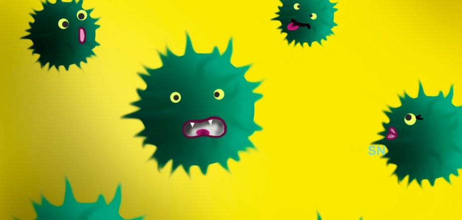 Comic von verschiedenen Viren mit Gesichtern auf gelben Grund