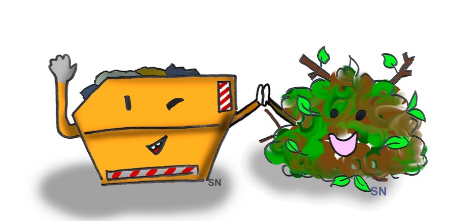 Comic eines Müllcontainers und eines Haufen Grünschnitt mit freundlich lachenden Comicgesichtern