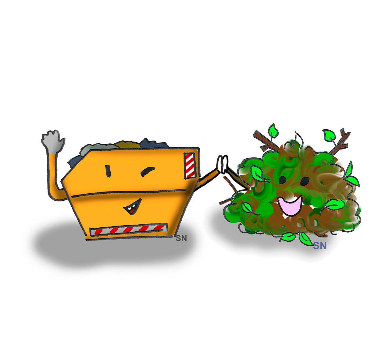 Comic eines Müllcontainers und eines Haufen Grünschnitt mit freundlich lachenden Comicgesichtern