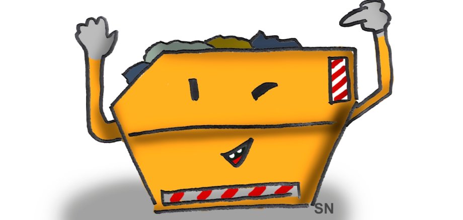 Comic eines Müllcontainers mit freundlich lachendem Gesicht