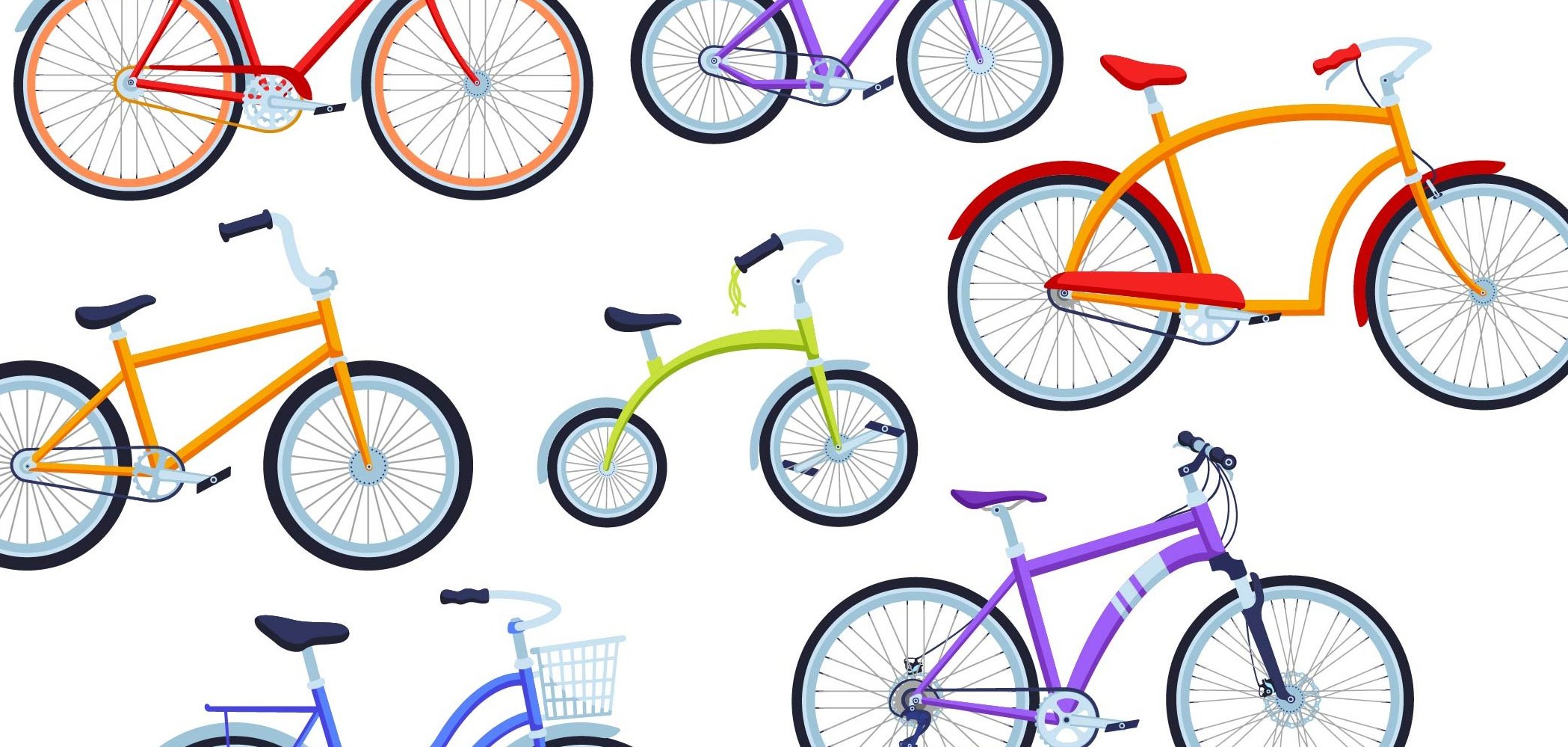 Cartoon-Fahrräder in verschiedenen Versionen und Farben  für Kinder und Erwachsene verteilt über das Bild.
