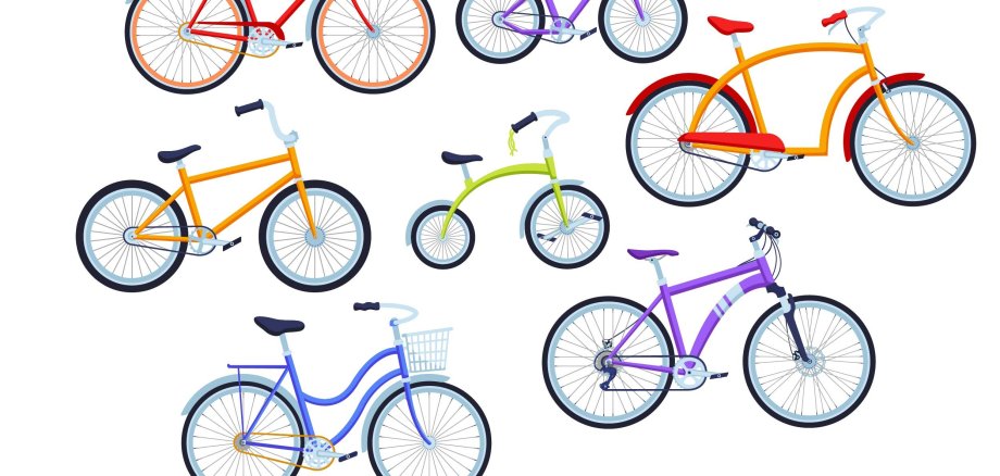 Cartoon-Fahrräder in verschiedenen Versionen und Farben  für Kinder und Erwachsene verteilt über das Bild.