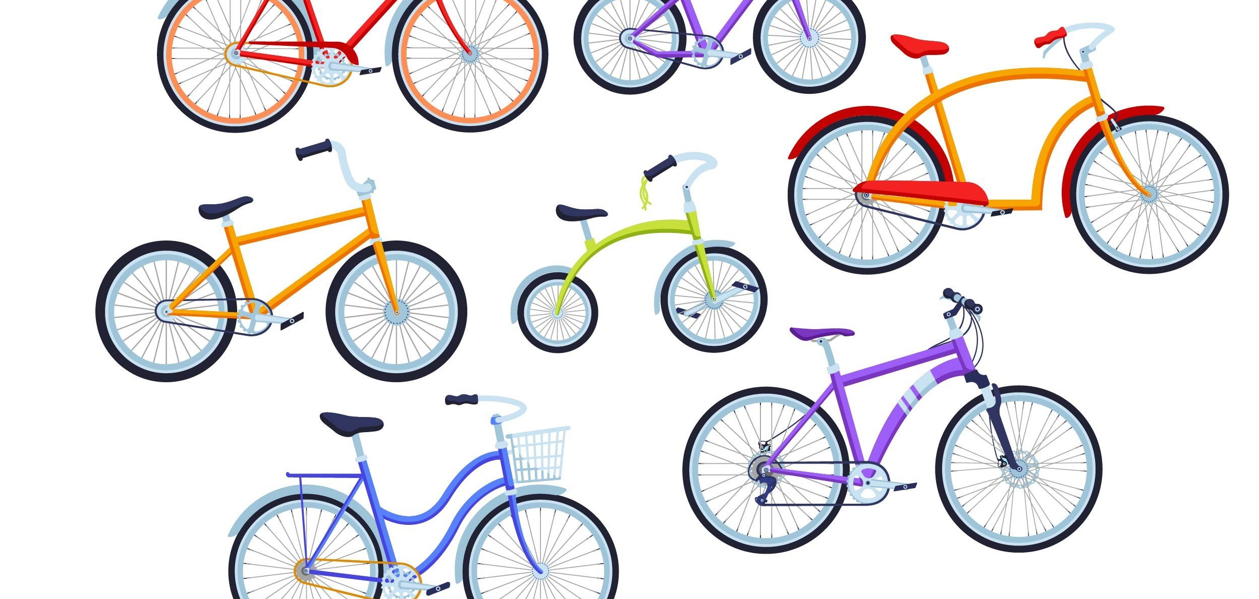 Cartoon-Fahrräder in verschiedenen Versionen und Farben  für Kinder und Erwachsene verteilt über das Bild.