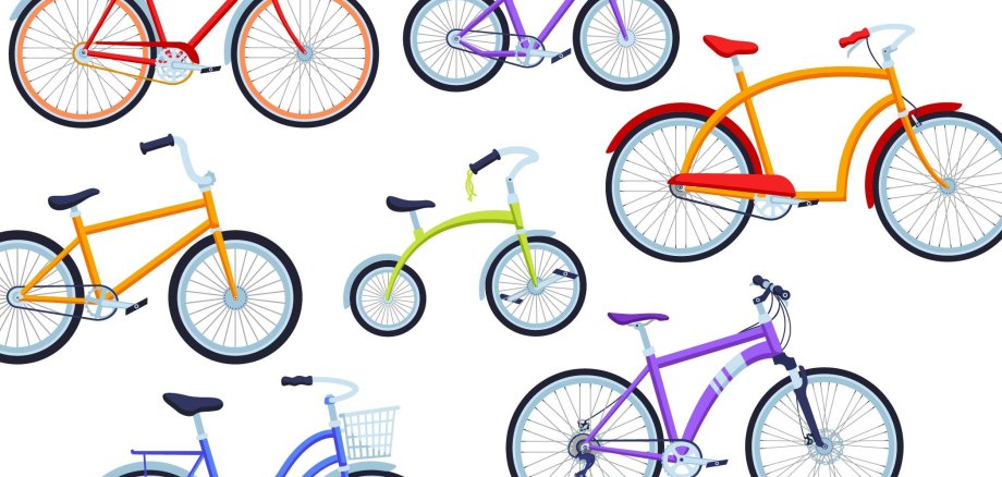 Cartoon-Fahrräder in verschiedenen Versionen und Farben  für Kinder und Erwachsene verteilt über das Bild.