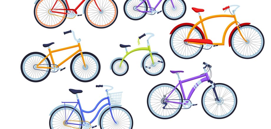 Cartoon-Fahrräder in verschiedenen Versionen und Farben  für Kinder und Erwachsene verteilt über das Bild.