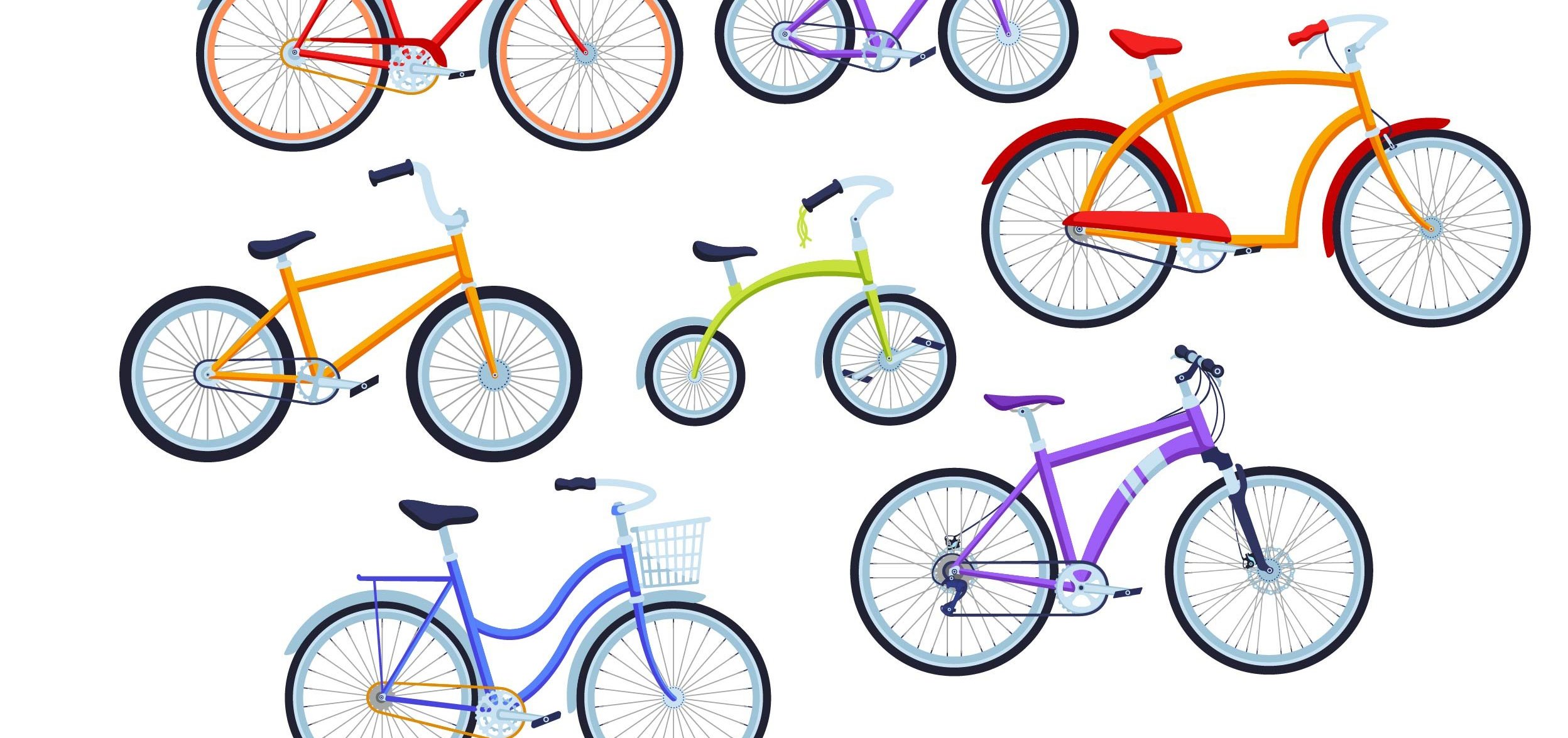 Cartoon-Fahrräder in verschiedenen Versionen und Farben  für Kinder und Erwachsene verteilt über das Bild.
