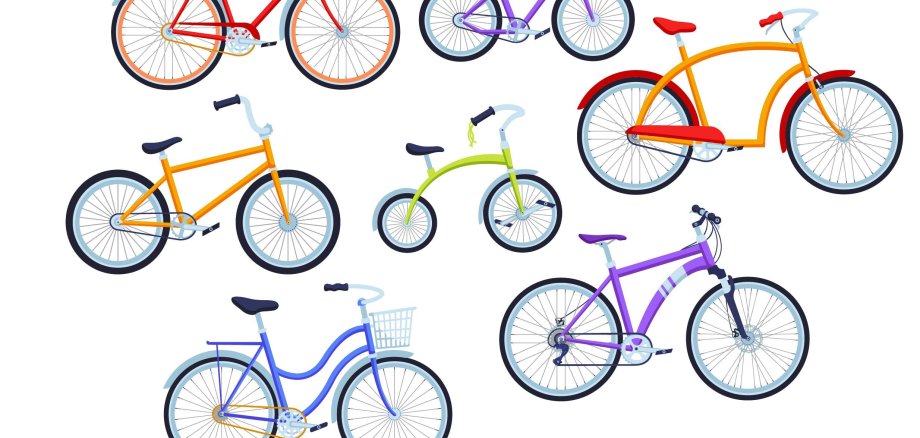 Cartoon-Fahrräder in verschiedenen Versionen und Farben  für Kinder und Erwachsene verteilt über das Bild.