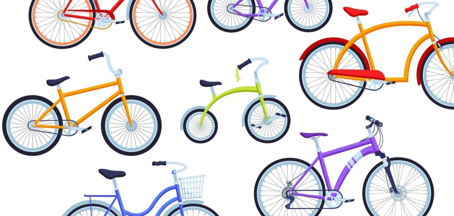 Cartoon-Fahrräder in verschiedenen Versionen und Farben  für Kinder und Erwachsene verteilt über das Bild.