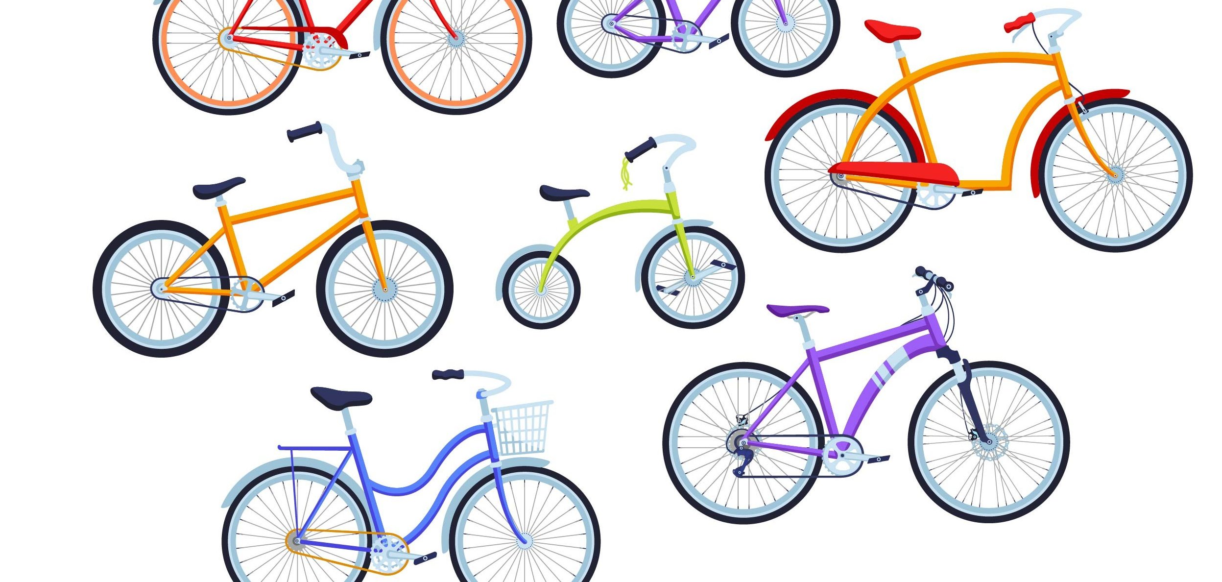 Cartoon-Fahrräder in verschiedenen Versionen und Farben  für Kinder und Erwachsene verteilt über das Bild.