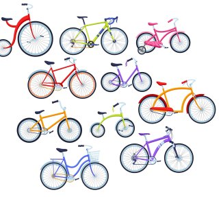 Cartoon-Fahrräder in verschiedenen Versionen und Farben  für Kinder und Erwachsene verteilt über das Bild.