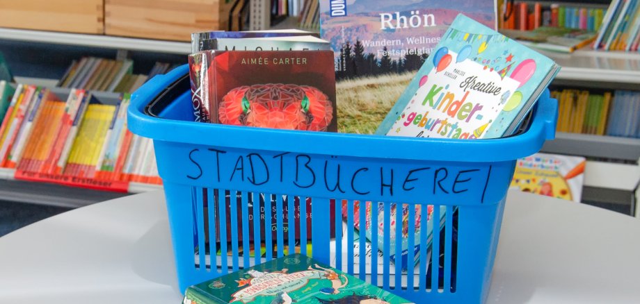 Blauer Büchereikorb gefüllt mit allerlei Kinderbücher