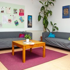 Zwei grau bezogene Sofas stehen an der Wand und davor steht ein kleiner Holztisch.