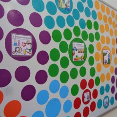 Lila, grüne, gelbe und rote Kreise an der Wand.