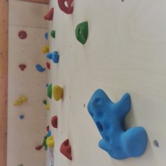 Blaue, gelbe und grüne Klettergriffe an einer weißen Wand.