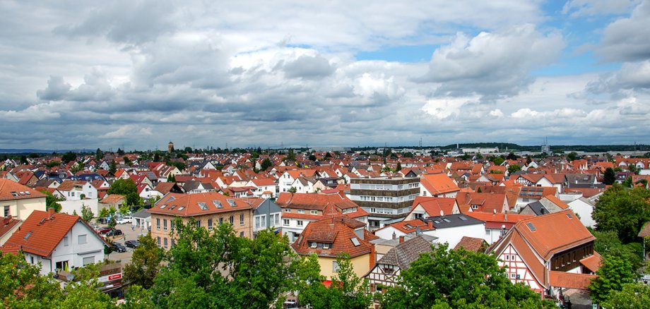 Blick über das Dach des alten Rathauses Mörfelden bis zum Wasserturm und der leicht zu erkennenden Skyline Frankfurt