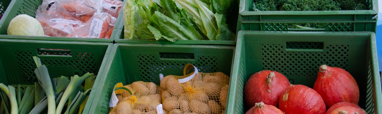 Grüne Kisten befüllt mit Kartoffeln, Kürbis und Lauch auf dem Wochenmarkt in Walldorf