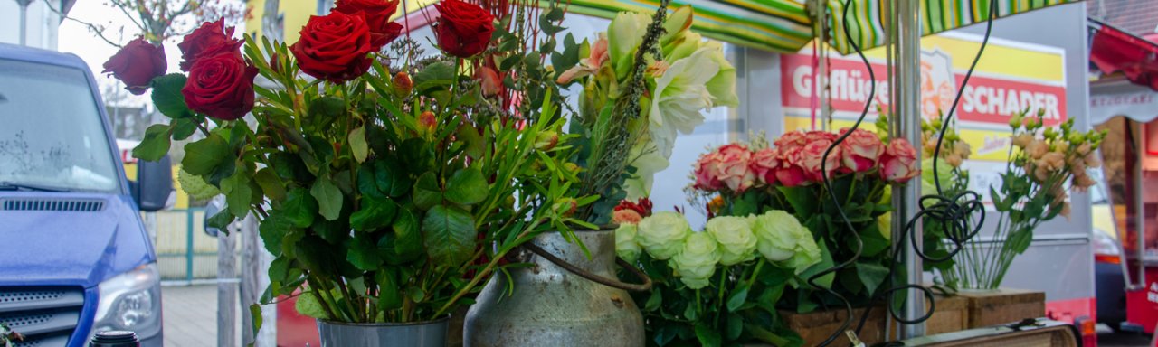 Blumen in Zinkblumenkübel auf dem Wochenmarkt