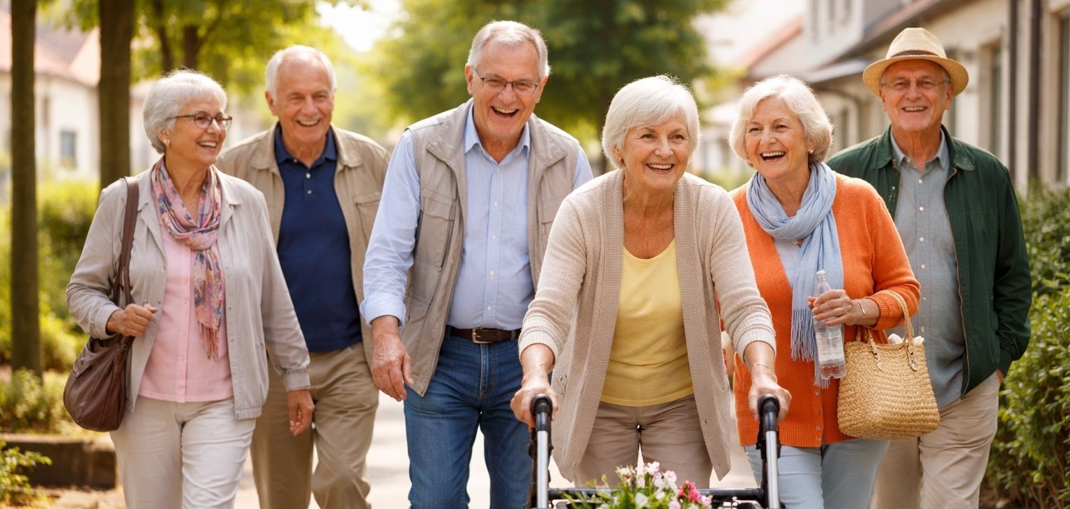 Symbolbild einer Sechsergruppe von Senioren und Seniorinnen, die gutgelaunt spazieren gehen.