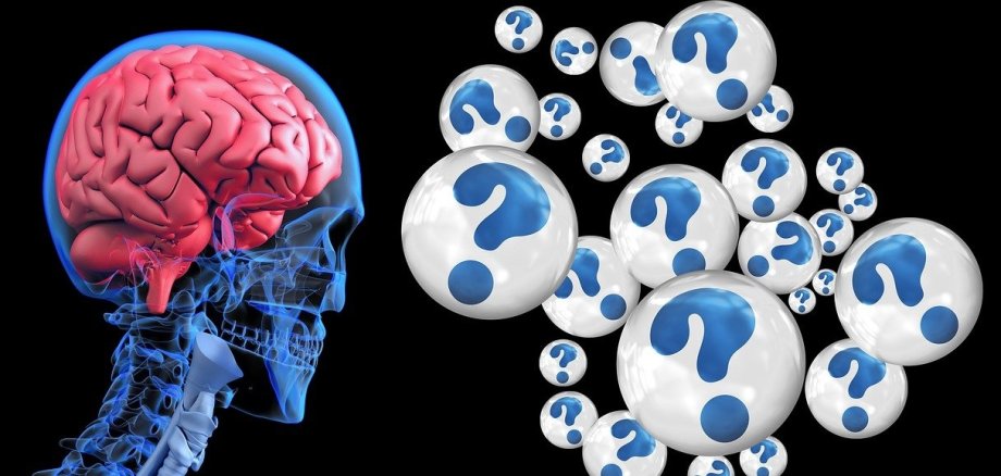 Fragezeichen über einem Gehirn als Symbol für die Vergesslichkeit bei einer Demenzerkrankung