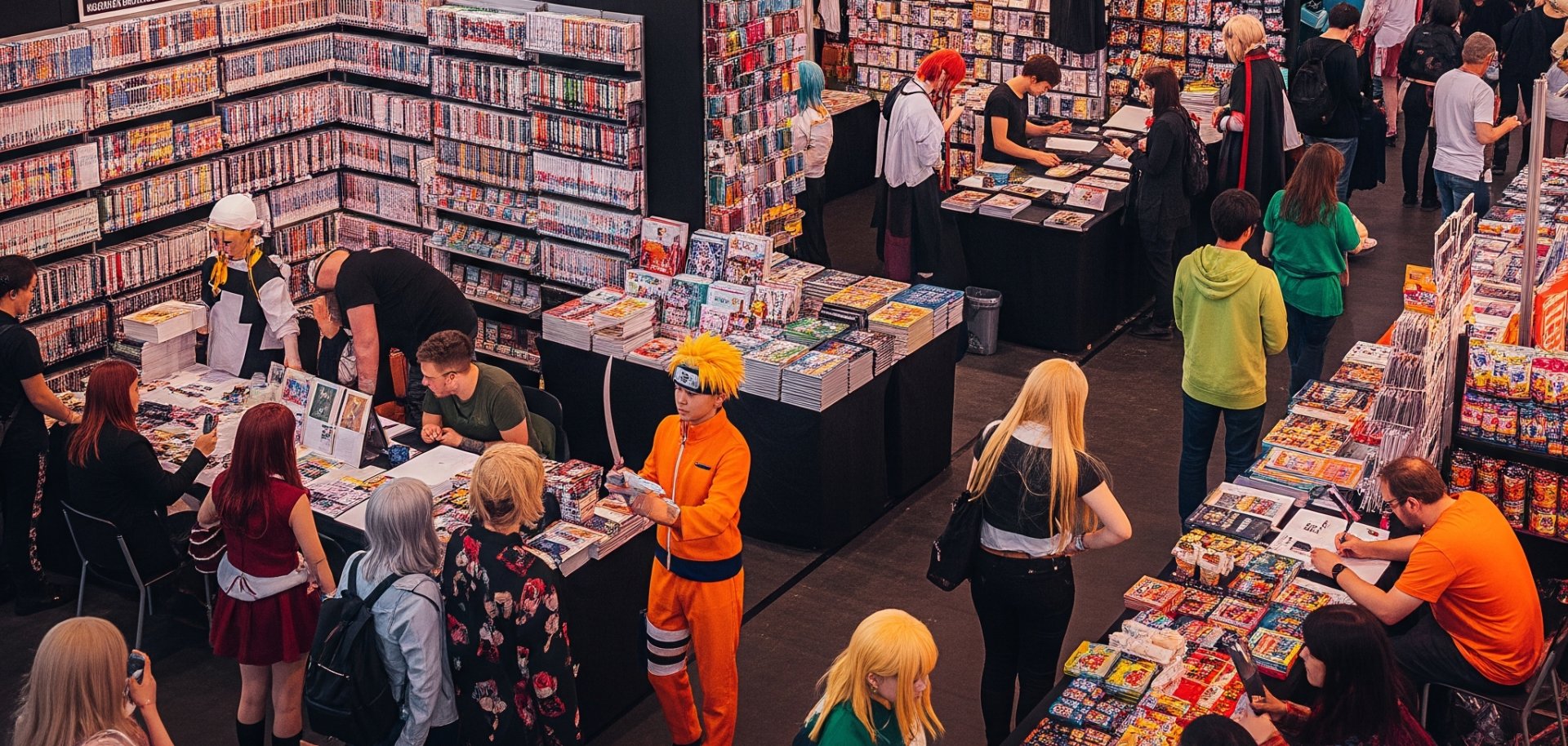 Messestände von halb oben mit Besuchern.