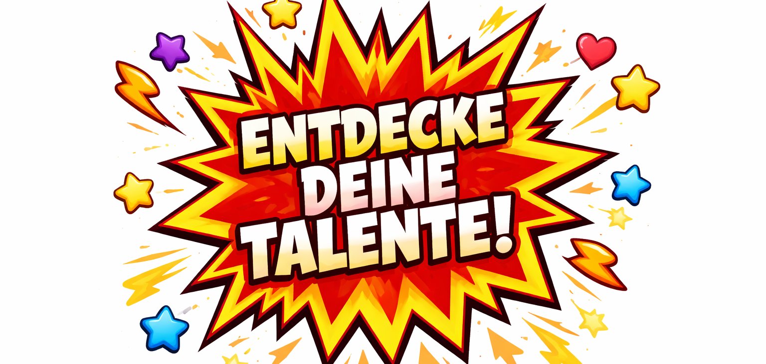 gezackte Sprechblase mit "Entdecke deine Talente"