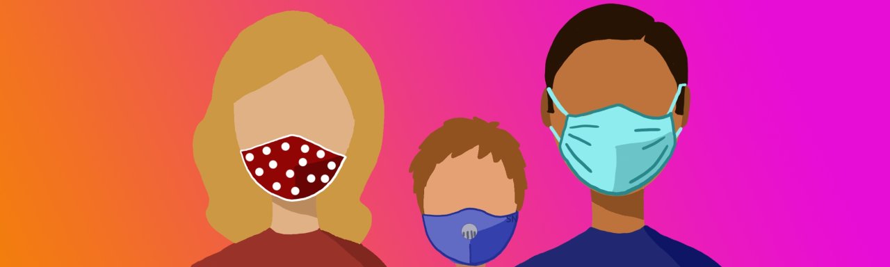 Drei Personen tragen verschiedene Formen des Mund-Nasenschutzes 