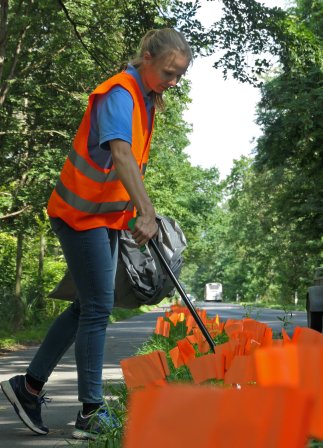 Weibliche Person beim Einsammeln Müll bei den orangenen Fähnchen.