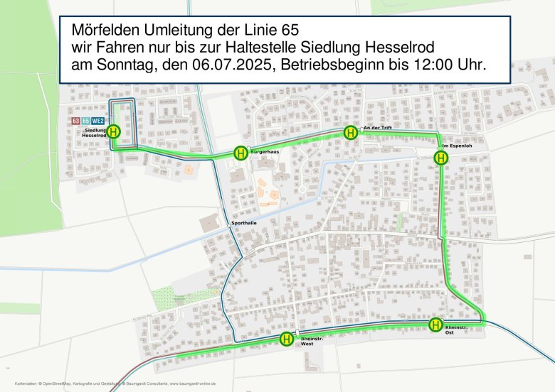 Bei der Linie 65 entfällt der Abschnitt nach Mörfelden.