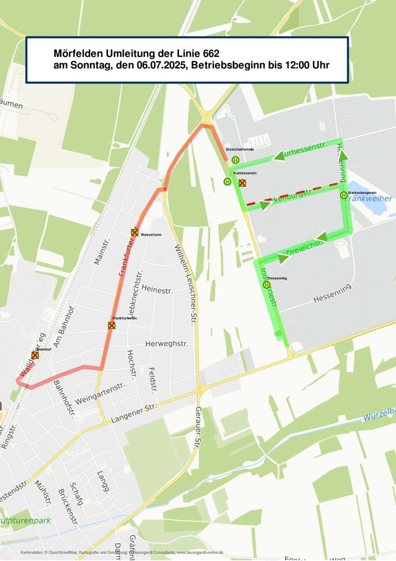 Die Linie 662 startet und endet im Gewerbegebiet Mörfelden. Die Haltestellen “Wasserturm”, “Frankfurter Straße” und “Bahnhof” entfallen.