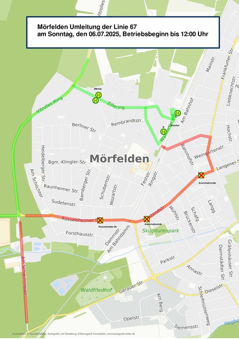 Für die Linie 67 entfallen in Mörfelden die Haltestellen “Rüsselsheimer Straße”, “Gärtnerweg Ersatz”, und “Rathausplatz Ersatz”. Ersatzweise stehen die regulären Haltestellen “Bahnhof” und “Zillering” zur Verfügung.
