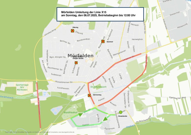 Die Linie X15 verkehrt von Darmstadt kommend nur bis Mörfelden Haltestelle „Dieselstraße“. Der Linienverlauf zwischen der Haltestelle „Dieselstraße“ und „Flughafen Terminal 1“ entfällt. Alternativ steht den Fahrgästen die Linie 67 zur Verfügung.