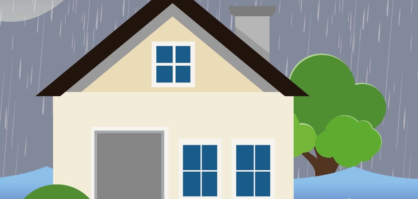 Comic Wohnhaus mit Starkregen und Überschwemmung