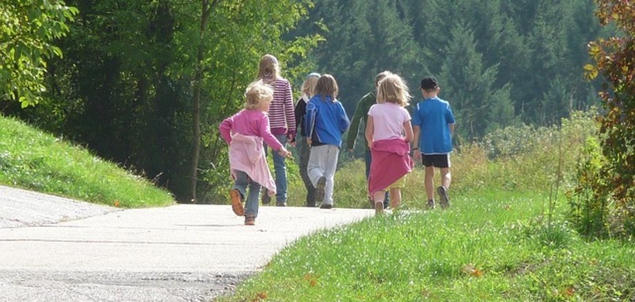 Kinder von hinten fotografiert gehen einen Waldweg entlang