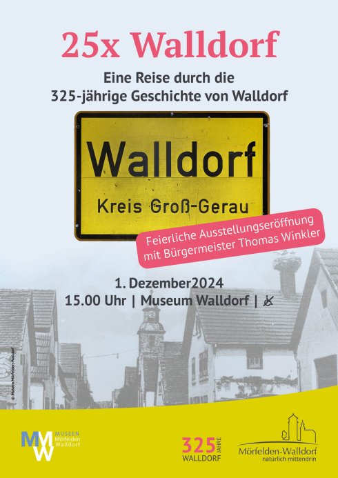 Zu sehen ist ein altes, gelbes Stadtschild. Der schwarze Rand des Schildes weist einige Löcher auf und seine Oberfläche ist mit leichten Schrammen und Dellen übersehen. In der Mitte des Schildes steht in schwarzen Buchstaben Walldorf, darunter Kreis Groß-Gerau. Hinter dem Straßenschild befindet sich eine grau eingefärbte, historische Ansicht der Langstraße. Die Straße ist von alten Häusern umgeben. Am auffälligsten ist ein weißes Gebäude auf der rechten Seite der Straße, in dessen Schornstein Storche ein Nest gebaut haben. Weiter hinter dem Haus steht die Alte Waldenserkirche.