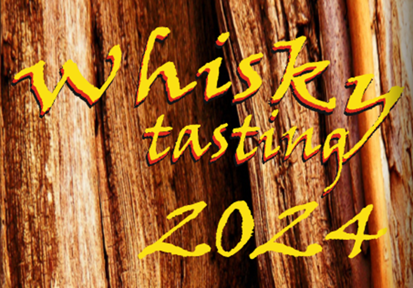 Der Schriftzug "Whisky Tasting 2024" ist in gelb gehalten und auf einem Untergrund, der Holz ähnlich sieht.